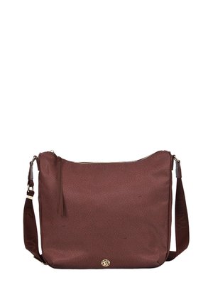 Borsa a tracolla sintetica marrone con superficie testurizzata, hardware dorato e chiusura con zip. Tracolla regolabile e tirazip decorativo.