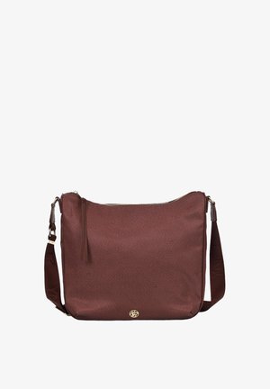 Borsa a tracolla sintetica marrone con superficie testurizzata, hardware dorato e chiusura con zip. Tracolla regolabile e tirazip decorativo.