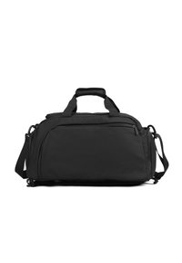 Borsa duffel nera realizzata in tessuto resistente, dotata di due manici, una tracolla regolabile e numerosi scomparti con zip per riporre gli oggetti.