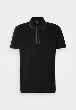 Black polo shirt made of smooth fabric, featuring a zip collar, short sleeves, and contrasting gray accents along the zipper and collar.