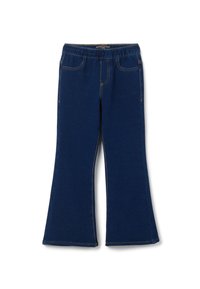 Pantalones acampanados de color azul marino, hechos de una tela suave, con costuras de contraste, cinturilla ancha y bolsillos laterales.