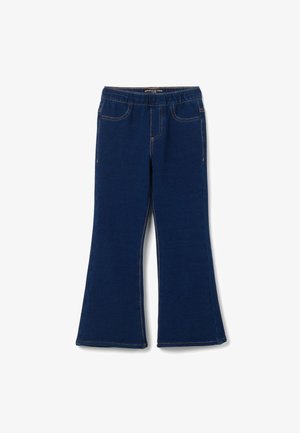 Pantalons évasés bleu marine en tissu doux, avec des coutures contrastantes, une large taille élastique et des poches latérales.