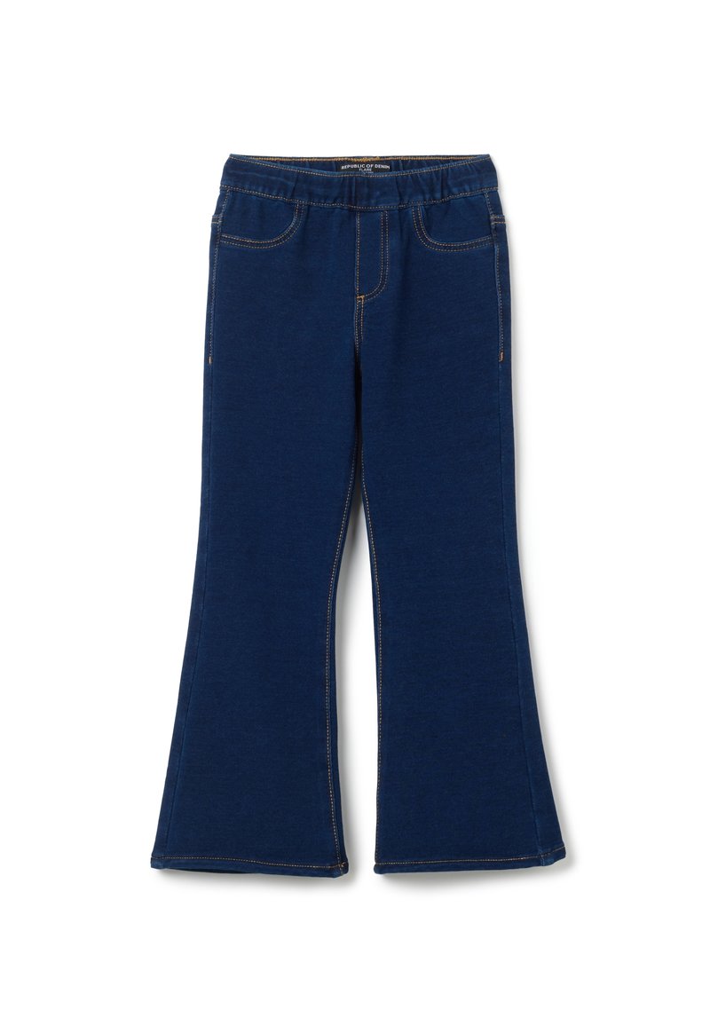 Pantalones acampanados de color azul marino, hechos de una tela suave, con costuras de contraste, cinturilla ancha y bolsillos laterales.