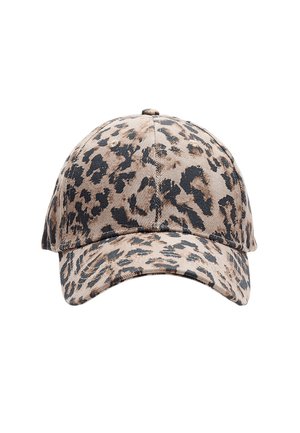 Casquette en imprimé léopard faite de tissu texturé, avec une visière incurvée et une sangle arrière ajustable. Les couleurs incluent beige, noir et marron.