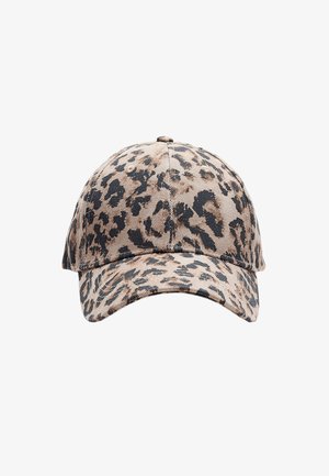 Leopardenmuster-Cap aus strukturiertem Stoff, mit einem gebogenen Schirm und verstellbarem Riemen im Rücken. Die Farben umfassen Beige, Schwarz und Braun.