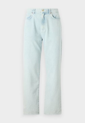 Light blue denim jeans with a straight fit, featuring five pockets, a button closure, and stitching accents along the seams.