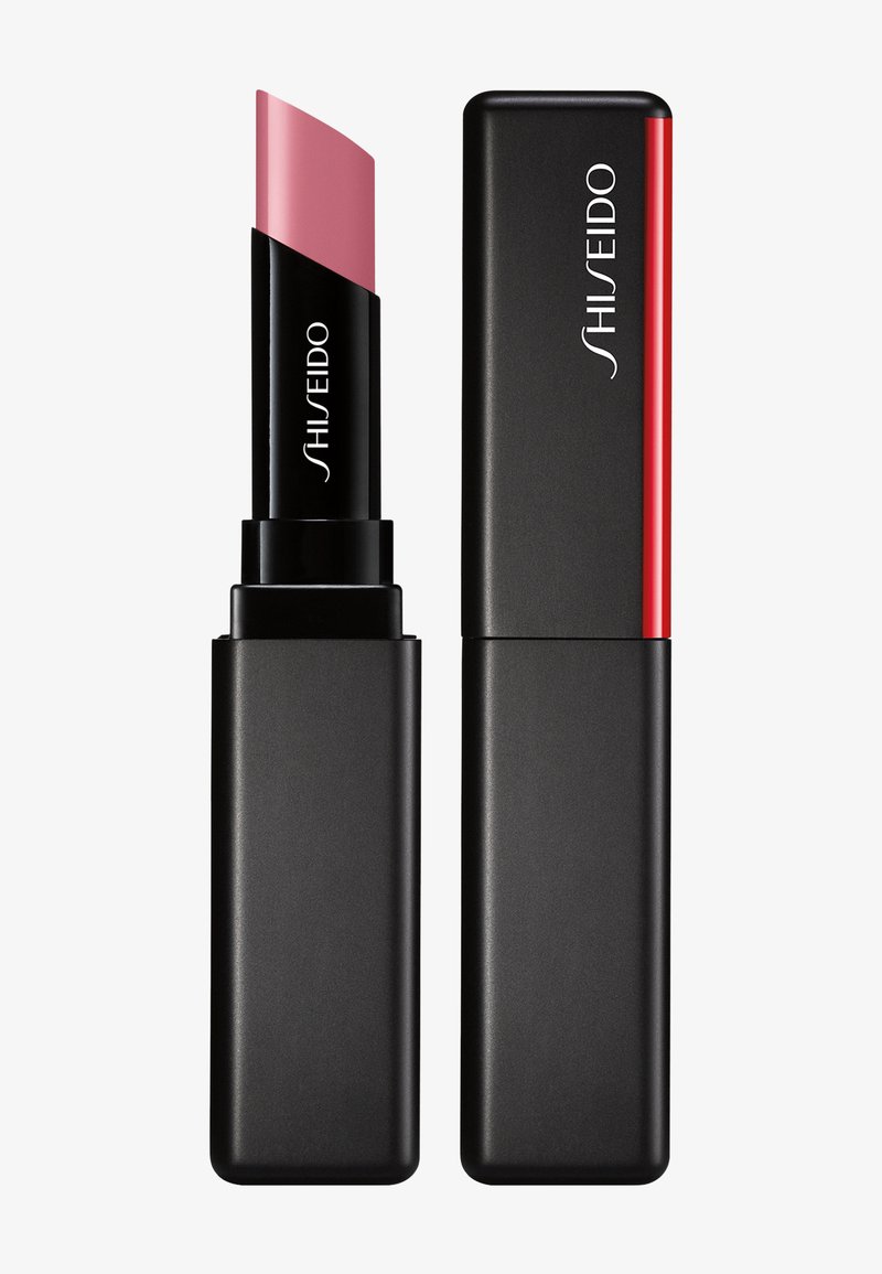 Rossetto Shiseido rosa opaco con astuccio rettangolare nero, uno aperto che mostra la punta inclinata, uno chiuso con una striscia rossa sul lato.