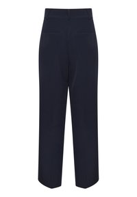 Navy blue, high-waisted trousers with a straight leg design. Features two back pockets and a smooth texture. No visible patterns or accents.