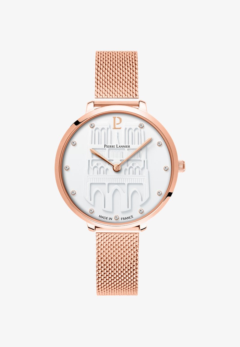 Rožių aukso tinklinis dirželis laikrodis su baltu emaliuotu ciferblatu, su sidabro valandų žymėjimu, prekės ženklu ir architektūriniais elementais.