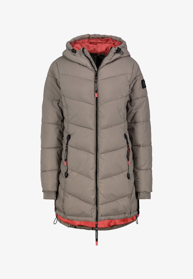 Grijze gewatteerde jack met een capuchon, contrasterende koraalkleurige binnenkant, ritssluiting aan de voorkant, verstelbare manchetten en twee met rits afgesloten zijzakken.