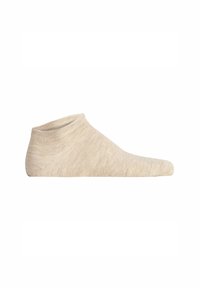Beige ankelstrømpe lavet af et blødt, tekstureret materiale med en ribbet kant og en glat tå; tilpasset form for komfort og minimal synlighed.