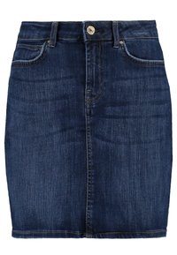 Mörk denim blyertskjol med en figursydd design, fem fickor, framknäppning med knapp och synliga söm detaljer.