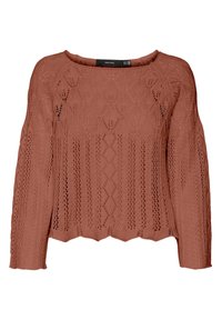 Sweter z długim rękawem w rdzawobrązowym kolorze z wzorami w romby i koronkowymi, z falbaniastym dołem, okrągłym dekoltem, marka Vero Moda.