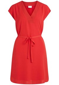 Robe rouge à manches courtes avec un décolleté en V et une ceinture assortie à la taille, fabriquée dans un tissu léger, avec une coupe ample.