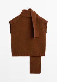 Pull tricoté marron sans manches avec un col montant et un long détail d'écharpe attaché, présenté sur fond blanc.