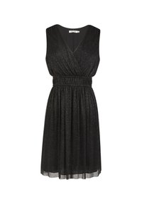 Musta, hihaton mekko, jossa on kietaisusuunnittelu. Ominaisuuksiin kuuluu kerätty vyötärö ja valuva hame, joka on valmistettu kiiltävästä kankaasta.