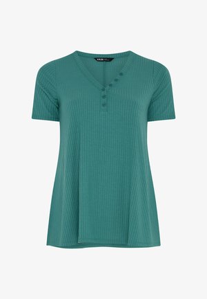 Sininen ribbineulottu lyhythihainen paita V-kaula-aukkolla ja viidellä napilla helman aukikappaleessa, hieman levenevä helma, valmistettu pehmeästä, joustavasta kankaasta.