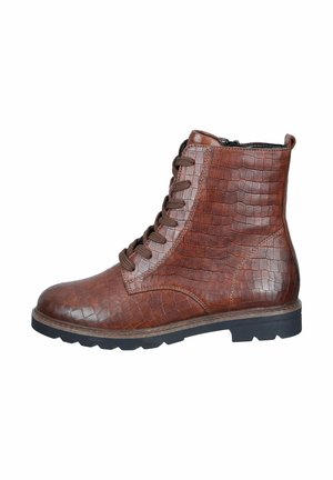 Botte cheville en cuir marron avec un motif crocodile texturé, bout arrondi et laçage à l'avant avec une fermeture éclair sur le côté. Semelle en caoutchouc pour une meilleure adhérence.
