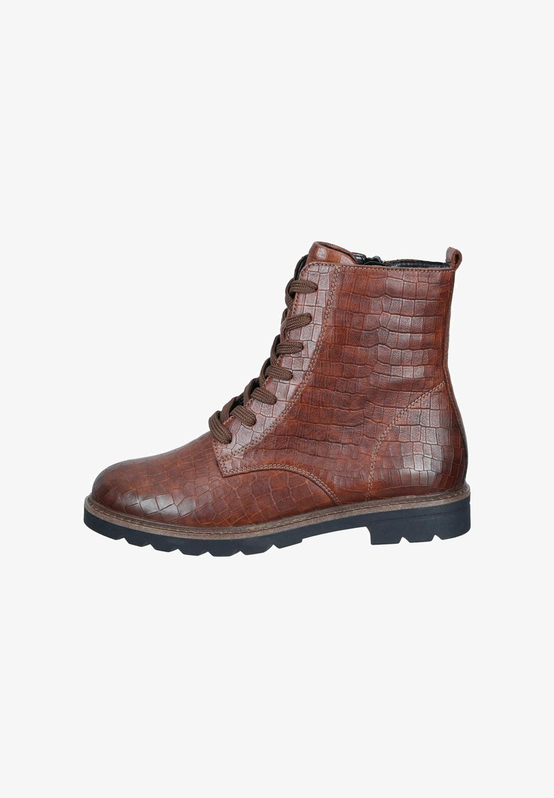 Brown leather ankle boot featuring a textured crocodile pattern, round toe, and lace-up front with a side zipper. Rubber sole for traction.