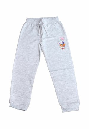 Hellgraue Kinder-Sweatpants mit elastischem Bund, Kordelzug und bunten Cartoon-Hunde-Charakteren am oberen linken Bein.