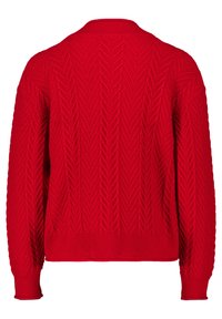 Maglione rosso lavorato a maglia con un texture a zigzag, colletto e polsini a coste. La vista da dietro mette in risalto il design intricate.