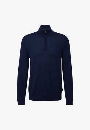 Tumedat sinise värvusega poolkaelusega ja pool tõmblukuga kootud sviiter. Valmistatud pehmest, tekstureeritud kangast; sisaldab pikki varrukaid ja sobivaid ääri.