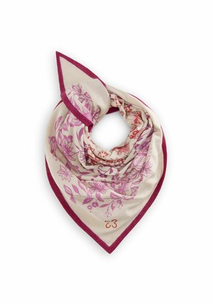 Foulard en soie crème avec des motifs floraux roses, bordé d'un liseré rose foncé, en forme de triangle classique. Présente un logo décoratif.