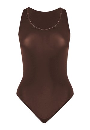 Brauner ärmelloser Badeanzug mit rundem Ausschnitt und glatter Textur. Dezenter Glanz und Zierdetails rund um den Hals.