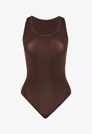 Brun ærmeløs badedragt med scoopet halsudskæring og glat tekstur. Subtil glans og kantdetaljer omkring halsen.