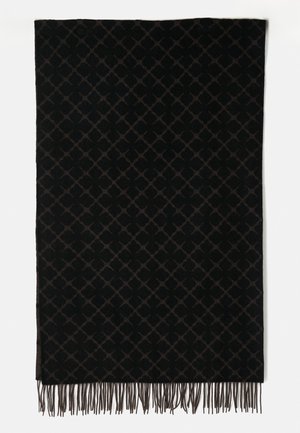 Black patterned scarf with a diamond design in dark shades, featuring fringed edges for texture. Made from soft, woven fabric.