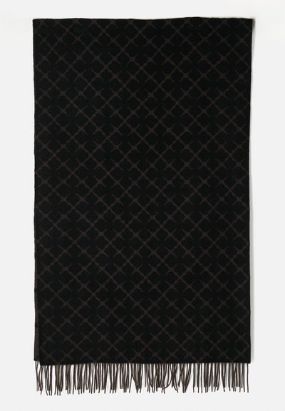 Black patterned scarf with a diamond design in dark shades, featuring fringed edges for texture. Made from soft, woven fabric.