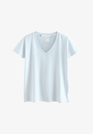 Světlomodré bavlněné tričko s výstřihem do V, krátkými rukávy a volným střihem. Hladká textura s visačkou pod výstřihem.
