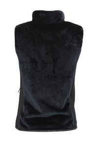 Gilet sans manches en velours noir avec col montant, présentant une texture lisse et des accents de fermeture éclair sur le côté. Matériau doux avec un design ajusté.