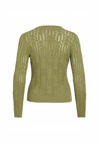 Sweter z dzianiny w oliwkowej zieleni z teksturowanym wzorem o otwartym splocie, okrągłym dekoltem oraz ściagaczami przy mankietach i na dole.