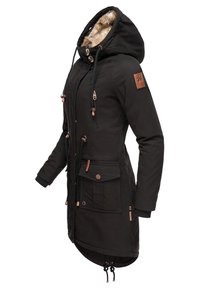 Black parka jacket featuring a faux fur-lined hood, adjustable drawstrings, front pockets, and copper-tone hardware. Textured fabric with a mid-length cut.