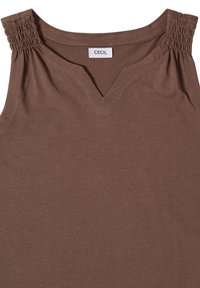 Haut marron sans manches avec des détails élastiques froncés aux épaules et un col en V, étiqueté de la marque "CECIL".