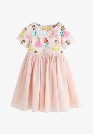Pink kjole til småbørn med korte ærmer, med Disney-prinsesser trykt på overdelen og et rynket tylskørt.