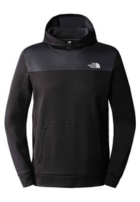 Haut noir en tissu doux avec une poche kangourou, un col montant et un panneau gris contrastant sur le haut de la poitrine. Le logo The North Face est présent.