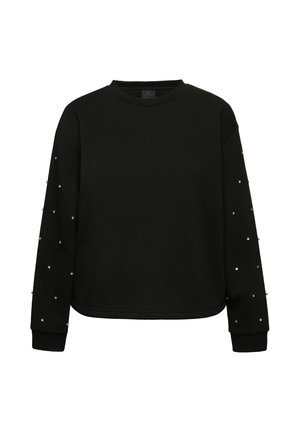 Schwarzer Pullover aus weichem Stoff, mit langen Ärmeln, die mit silbernen Perlenakzenten verziert sind, rundem Halsausschnitt, strukturiertem Saum und gerippten Bündchen.