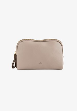 Cream-colored leather pouch with a textured finish, gold zipper closure, and a brown accent at the base. Features a small logo on the front.