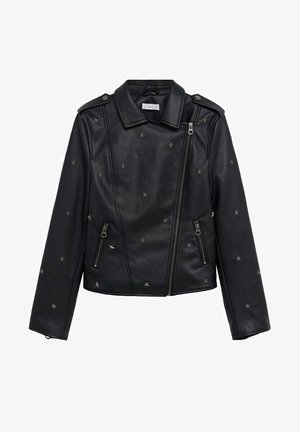 Veste de motard en cuir noir avec des embellissements en étoiles argentées, fermeture éclair asymétrique, épaulettes et manches fuselées. Texture lisse, design ajusté.