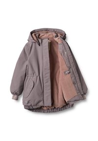 Viegls viegls virsjaka mauves krāsā ar rozā, pūkainu iekšējo oderi, kapuci, elastīgiem aprocēm un sānu kabatu; priekšpusē aizdares ar spraudņiem.