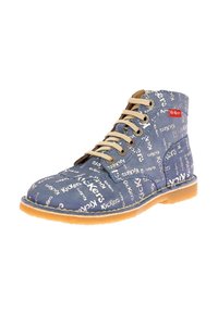 Stivale alto blu realizzato in tessuto con stampa ripetuta del logo bianco "Kickers", lacci beige e suola in gomma marrone chiaro.