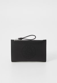 Black leather wallet with a zip closure, featuring a debossed circular logo design and a wrist strap for easy carrying. Smooth texture.