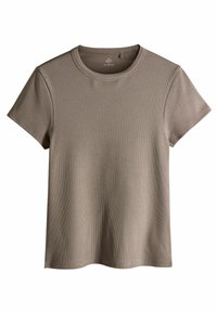 Hellbraunes, geripptes T-Shirt mit kurzen Ärmeln und Rundhalsausschnitt, das eine lockere Passform und eine weiche Textur bietet.