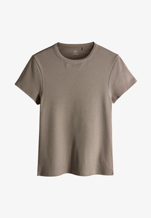 Lys brun ribbet kortærmet T-shirt med rund halsudskæring, der har en afslappet pasform og blød tekstur.