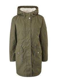 Olivově zelená parka s kapucí, s měkkým vnitřkem, stahovacími šňůrkami v pase a dvěma předními kapsami se zapínáním na druky.