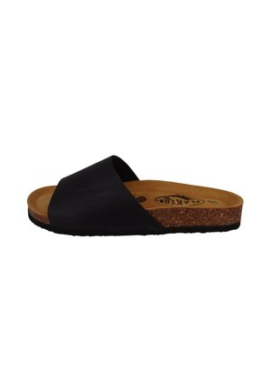 Sort slippersandal med bred rem, kork fodseng og gummisål, vist fra siden på hvid baggrund.