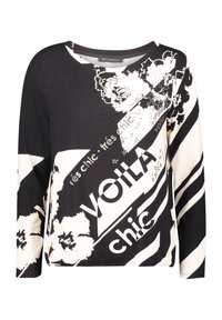 Czarno-biała bluzka z długim rękawem z graficznym nadrukiem, z kwiatowymi wzorami i tekstem. Miękka tkanina, luźny fason, okrągły dekolt oraz kontrastowe paski.