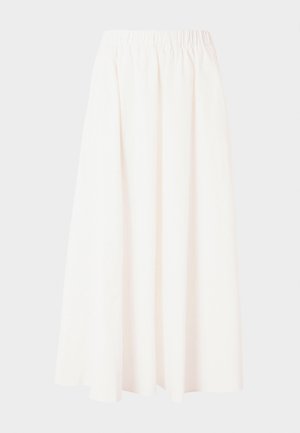 Jupe longue à taille élastique en crème clair, tissu fluide, silhouette évasée, sans motifs ni embellissements, longueur mi-mollet.